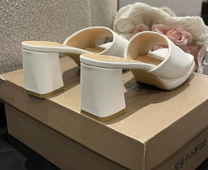 Women's Slide Shoes With Chunky Heels And Peep Toe Design - Just The Fly Way
