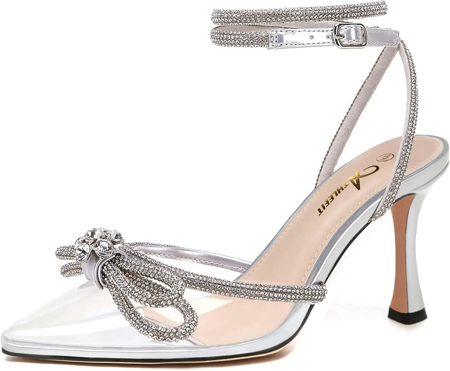 Women's Rhinestone Bow Heels Ankle Strap Pointed Toe Stiletto Heeled Sandals Wedding Bridal Dress Pumps Shoes - Just The Fly Way