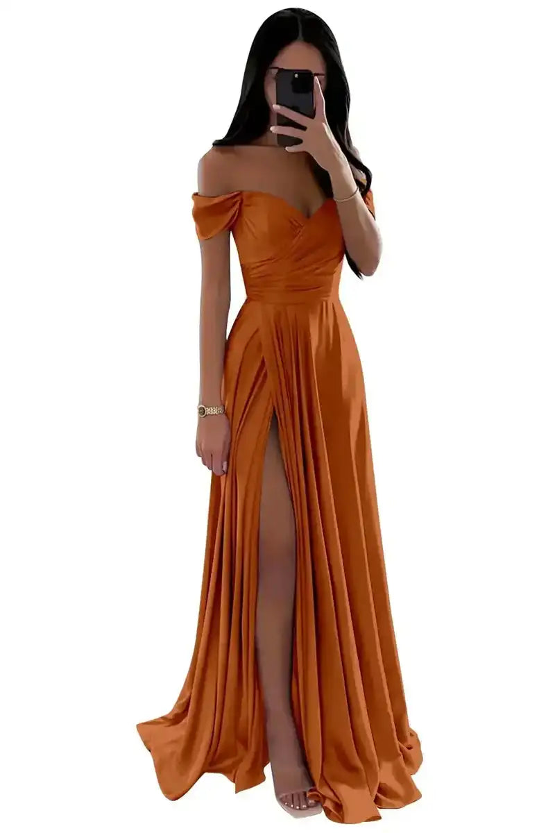 Elegant Women’s Off-the-Shoulder A-Line Evening Gown: Customized Slit Long Pleated Satin Dress