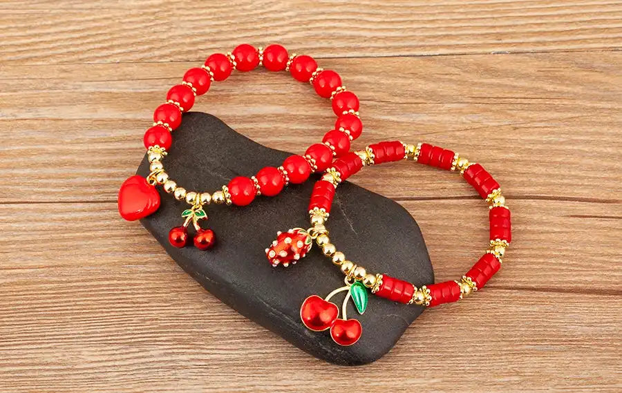 Cherry and Heart Red Beaded Chain Bracelet in 3 Fashion Styles – Trendy Jewelry - Just The Fly Way