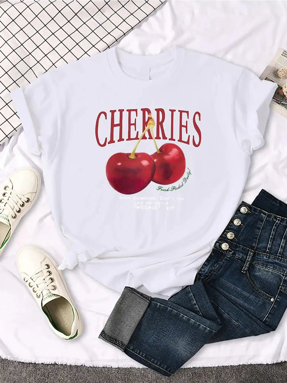 Comfortable Women's Cherry T-Shirt | Trendy Cherry and Letter Pattern Tees - Just The Fly Way