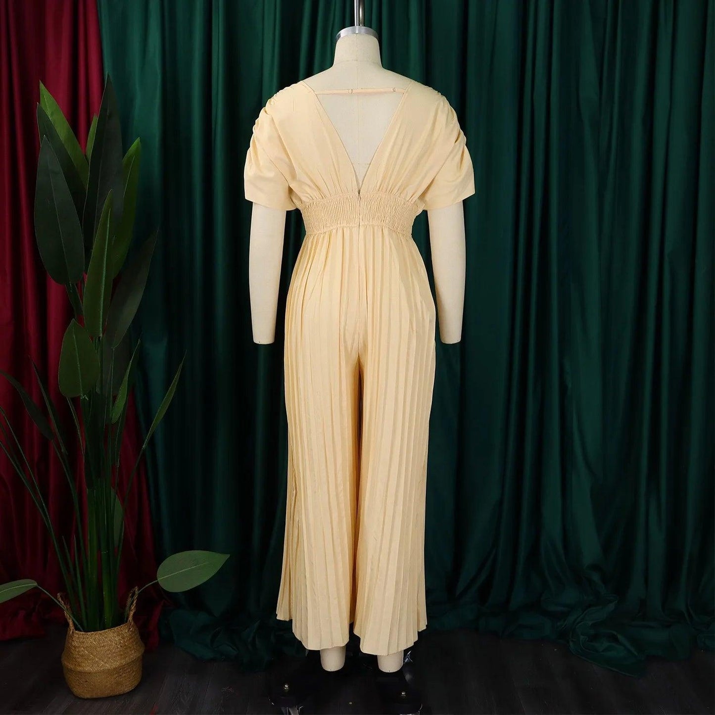 Elegant V-neck Solid Color Fashion Pleated Wide leg Jumpsuit, Pants Romper - Just The Fly Way