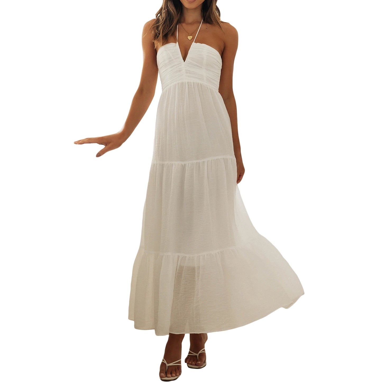 Elegant Sleeveless Maxi Dress with Halter Neckline and Backless Design Perfect for Summer Beach Parties and Casual Events - Just The Fly Way