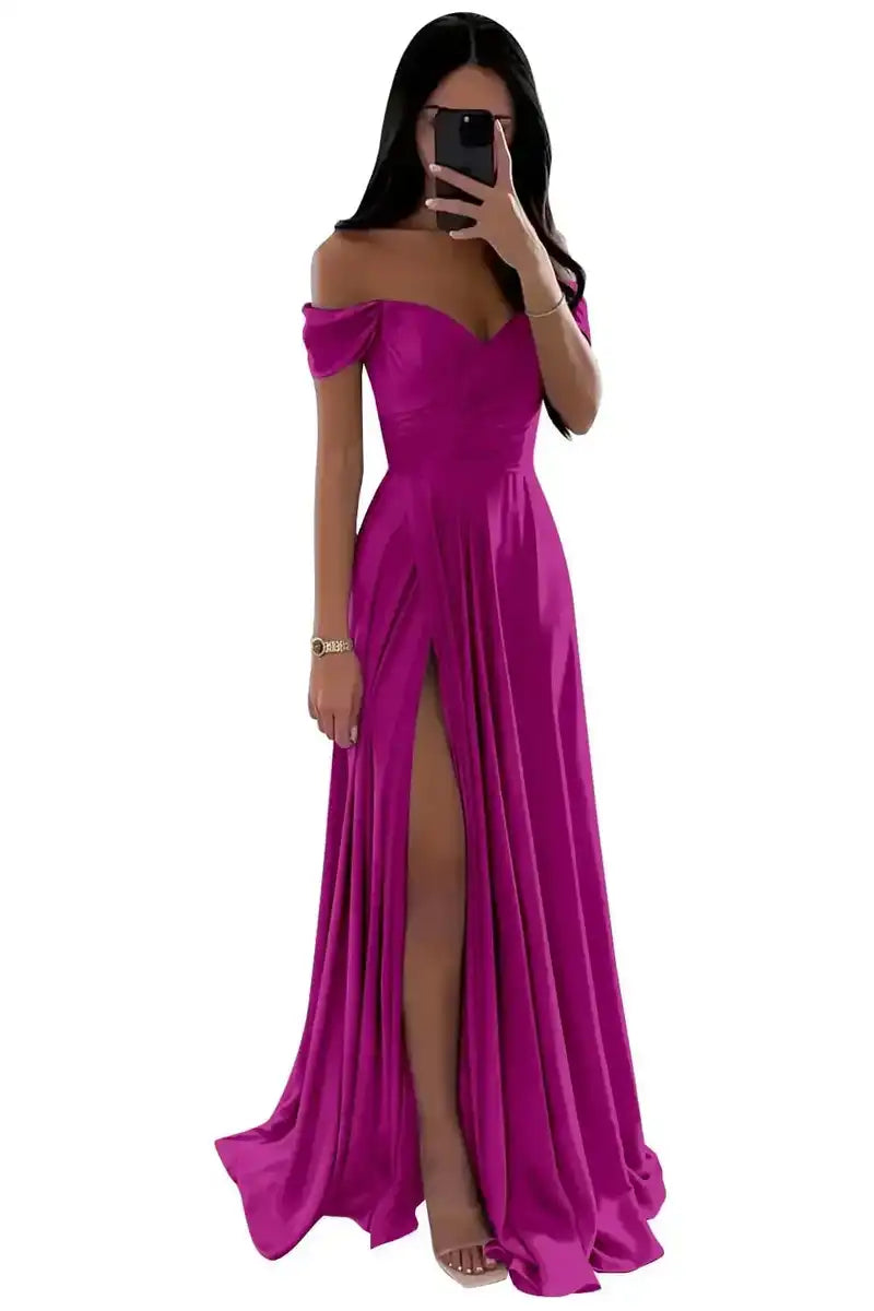 Elegant Women’s Off-the-Shoulder A-Line Evening Gown: Customized Slit Long Pleated Satin Dress