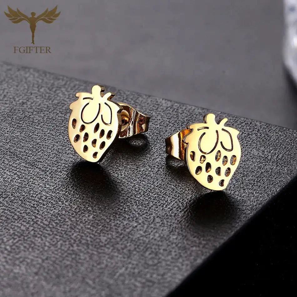 12 Pairs Lot Fruit Earrings Golden Strawberry Design Stud Earring Set Surgical Steel Children Girls Ear Jewelry Accessory Resale - Just The Fly Way