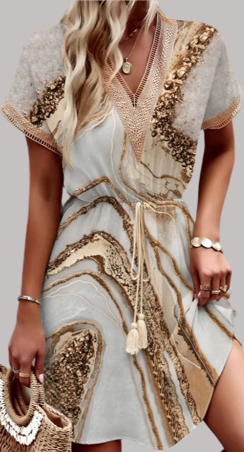 Spring/Summer Print with Bat Sleeves, Lace V-Neck, Waist Waist Large Hem, Mid Length Dress - Just The Fly Way