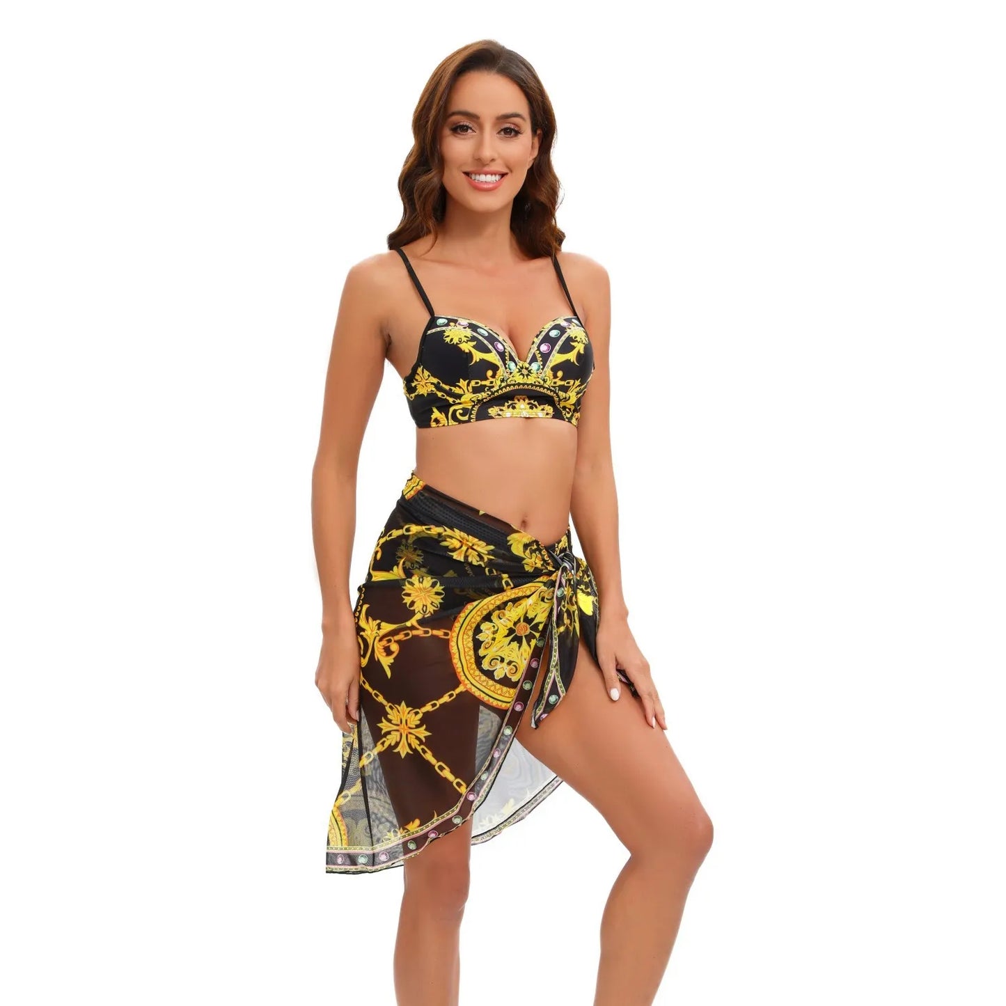 Three Piece Push Up Bikini Set, Black Gold Swimsuit with Skirt Cover Up - Just The Fly Way