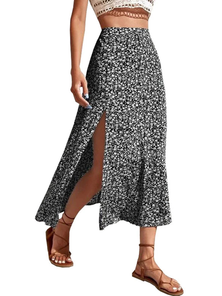 Women s Floral Print Midi Skirts Mid Waist Side Slit Skirts Spring Summer Fashion Casual A-line Skirts - Just The Fly Way