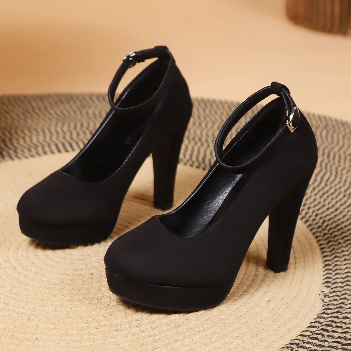 Fashionable, Bold and Beautiful DressLarge Size 42 Sexy Super High Heels Shoes for Women Ankle Buckle Chunky Platform Pumps Woman Black Flock Square Heel Party Shoes