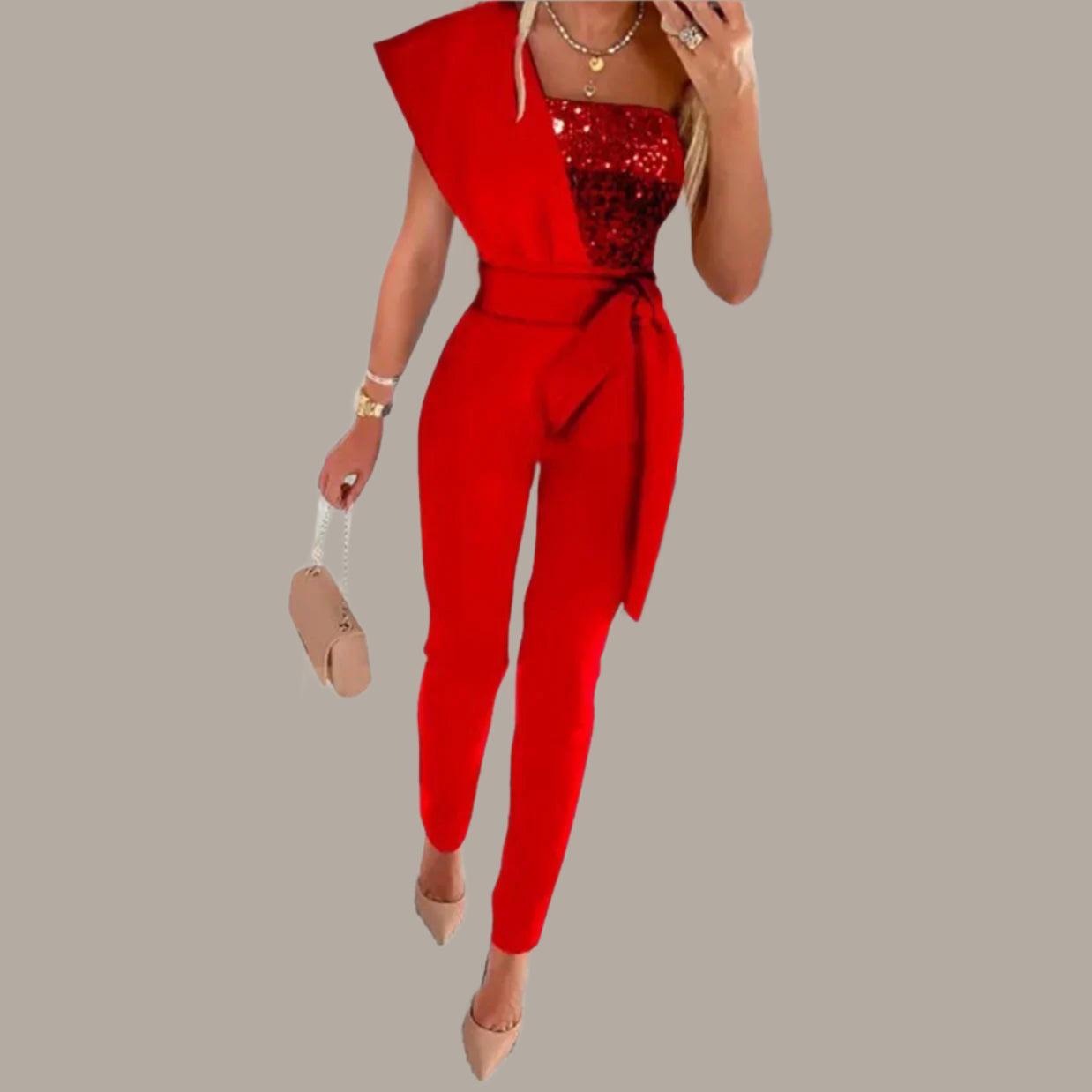 Women's Solid Color Romper, Cut-out Design, Belt Decoration, V-neck Fashion Sequin One-shoulder Bodysuit - Just The Fly Way