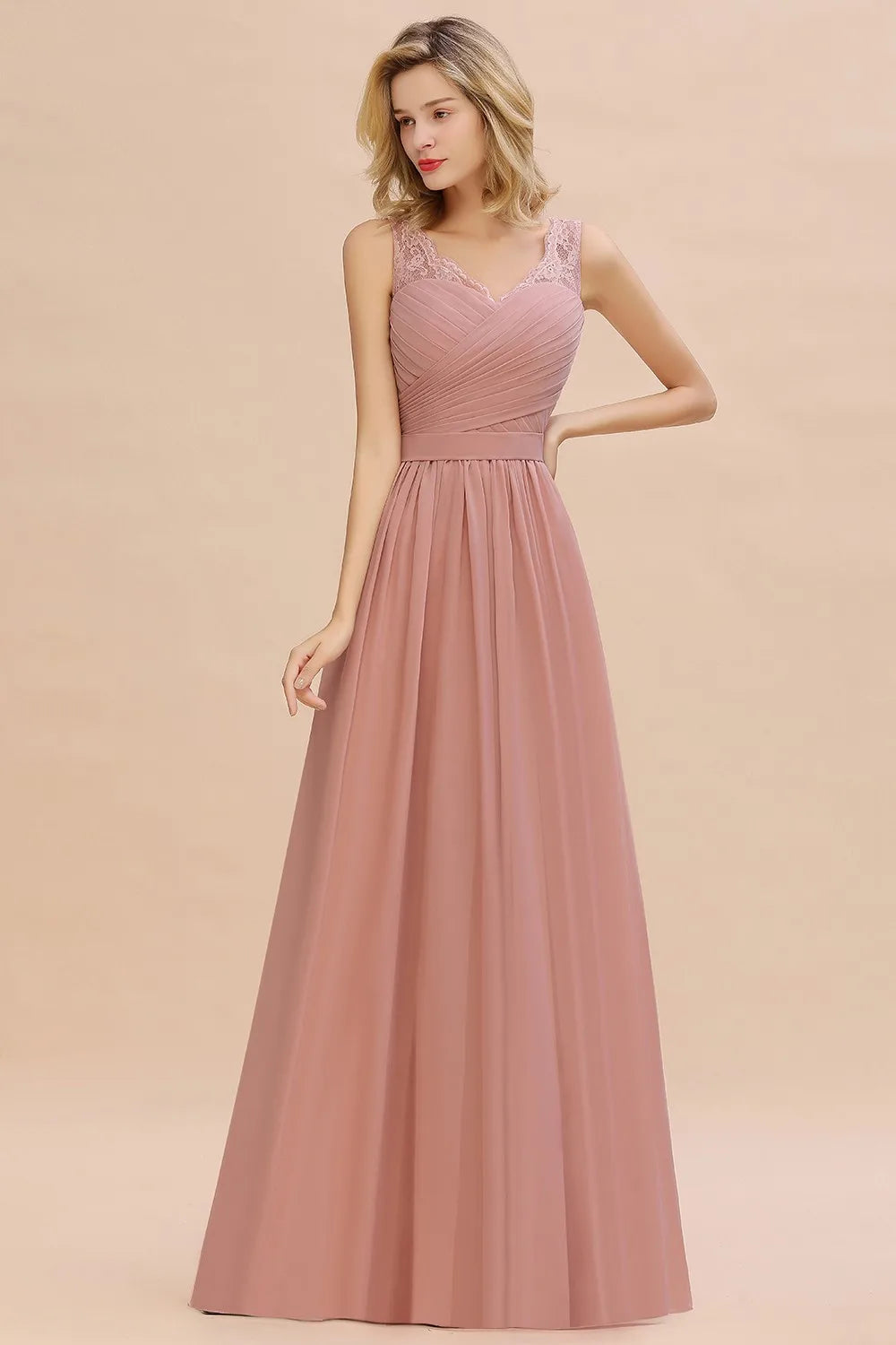BABYONLINE Elegant Bridesmaid Dress Pleated Bodice See-through Lace Cap Sleeves Maxi Flowy A-Line Skirt Wedding Party Gown Women