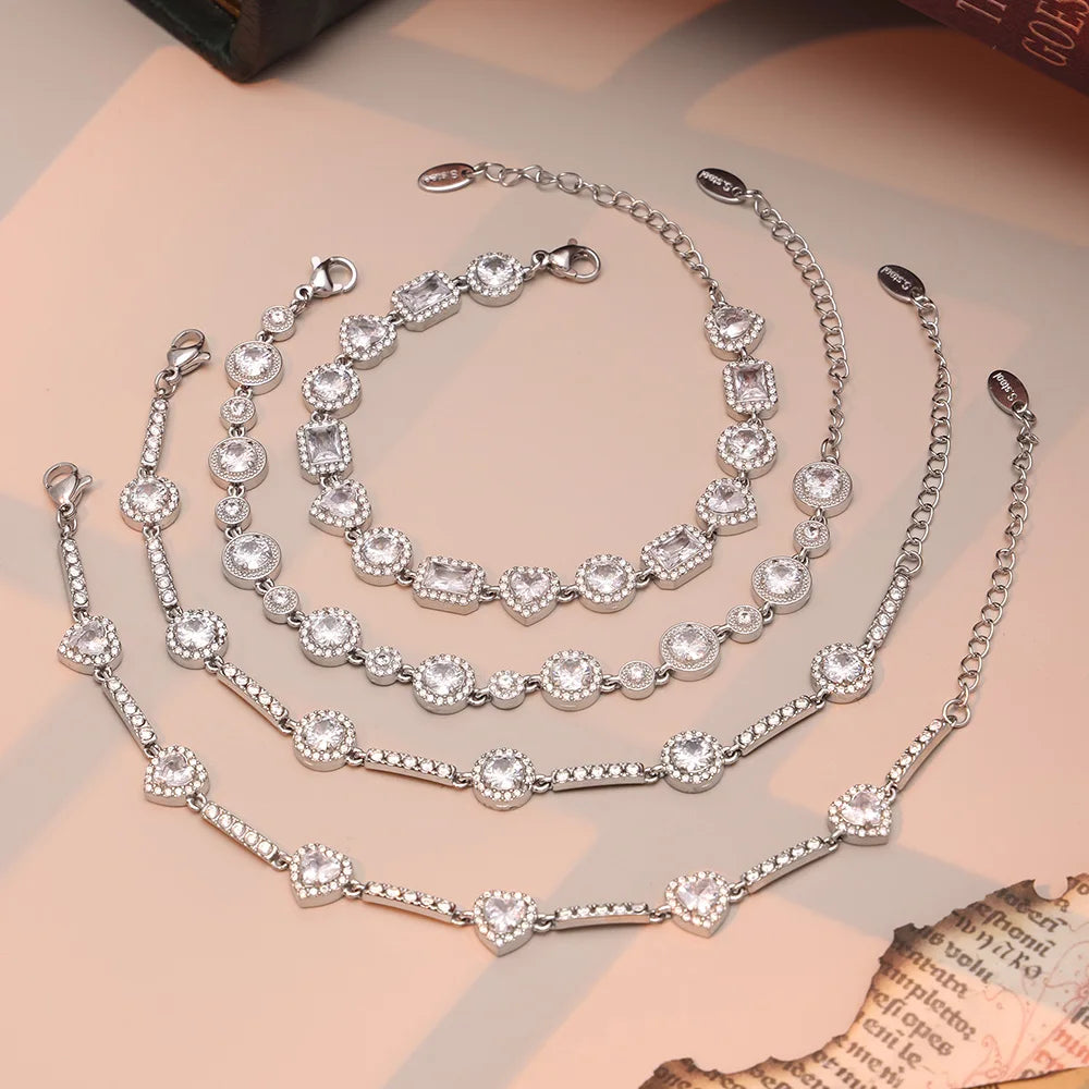 Shimmering Gold Plated Tennis Bracelet for Women - Vintage Charm Bangle with Zircon, Heart & Square Designs - Just The Fly Way