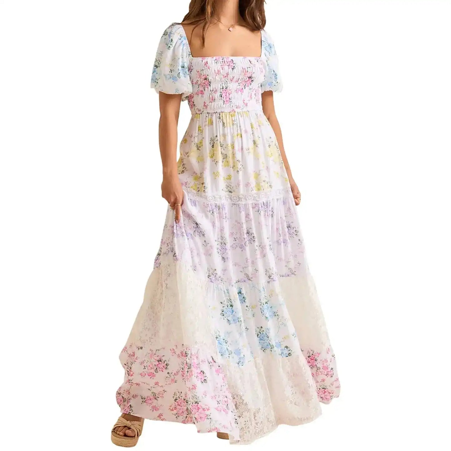 Elegant Floral Print Short Sleeve A-Line Dress with Ruffled Hem for Women Perfect for Cocktail Parties and Streetwear Fashion - Just The Fly Way