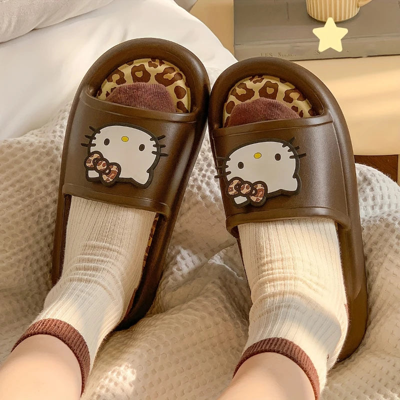 Miniso Hello Kitty Cute Leopard Print Slippers Trendy Open-Toe Slide Sandals in Chic Two-Tone Design Comfortable EVA Material