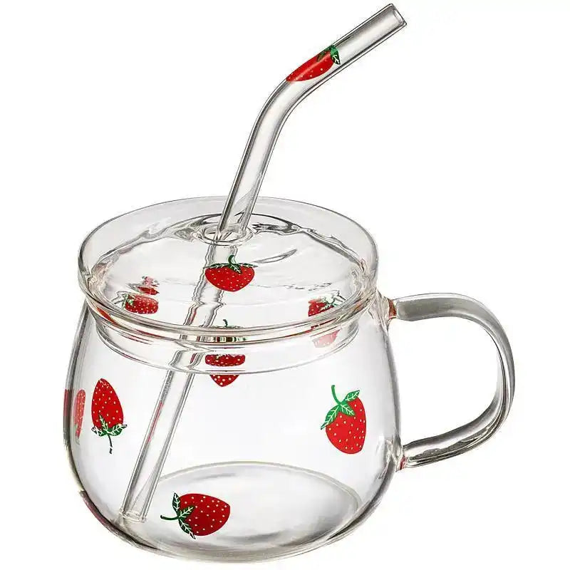 Cute Heat Resistant Strawberry Glass Cups with Lid and Straw - Perfect for Drinks! - Just The Fly Way