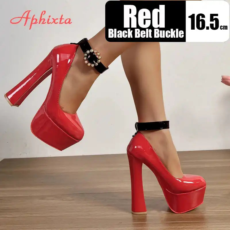 Aphixta Pearl Buckle Round Toe Pumps 5.5cm Platform Chunky Heels Shoes Black/Red Women's Fashion High Heel