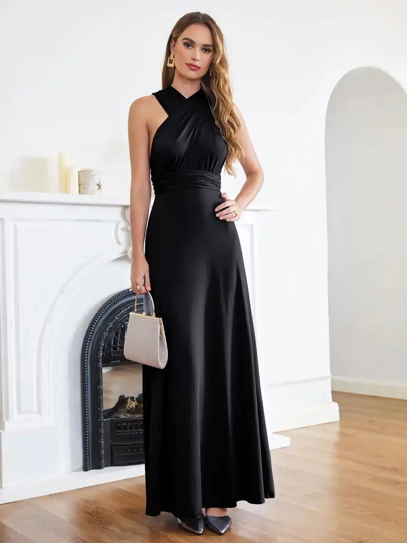 Bridesmaid Dress - Convertible Gown in black with halter neckline and sleeveless design. Floor-length multiway wrap style ideal for formal events.