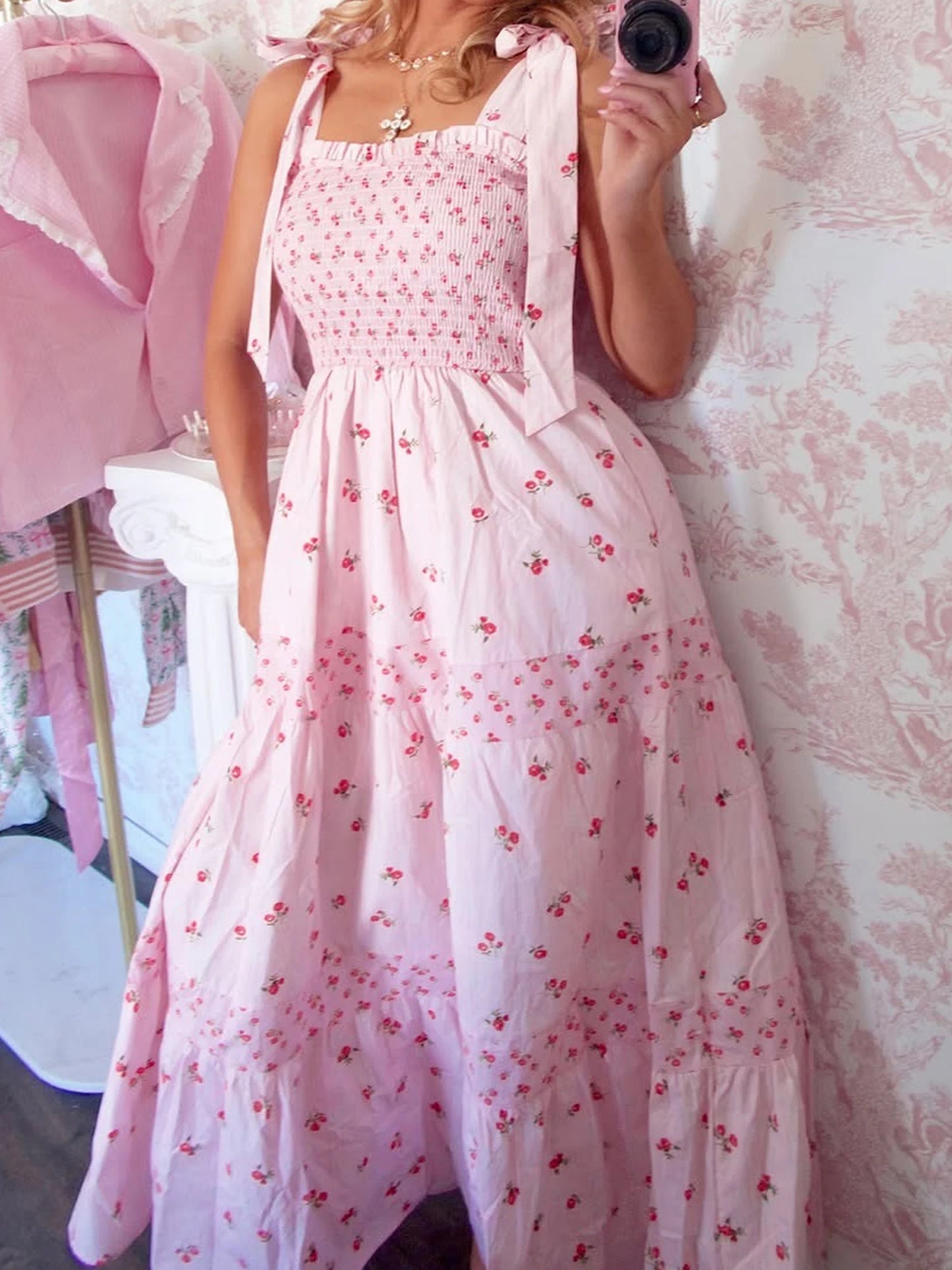 Elegant V-Neck Maxi Dress Sleeveless Floral Print Tie-Up Dress for Summer Beach Wedding Party or Daily Wear - Just The Fly Way