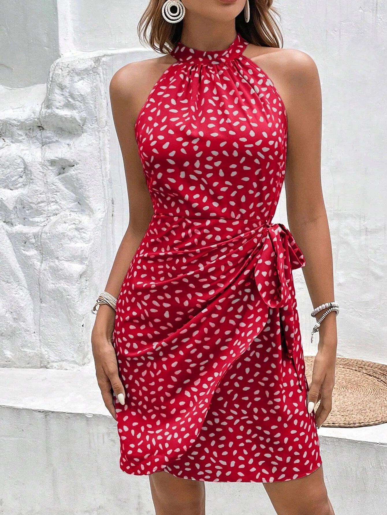 Women's Halter Neckline, Wrap Body, Sleeveless Dress with Floral Print - Just The Fly Way