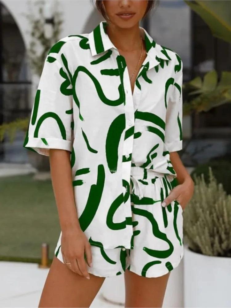 Print Two Piece Sets, Loose Fit, Turn Down Collar - Just The Fly Way