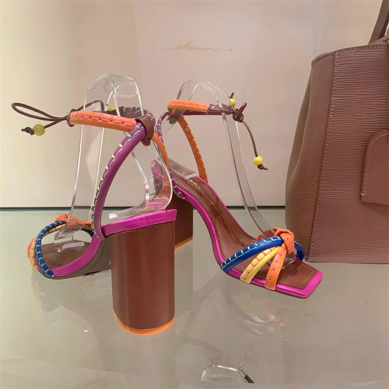 Fashionable, Bold and Beautiful DressBrazil Fashion Luxury Twist Woven Sandals Color Blocking Designer Brand Women's Shoes Thick with High Heel Sandals Female Casual
