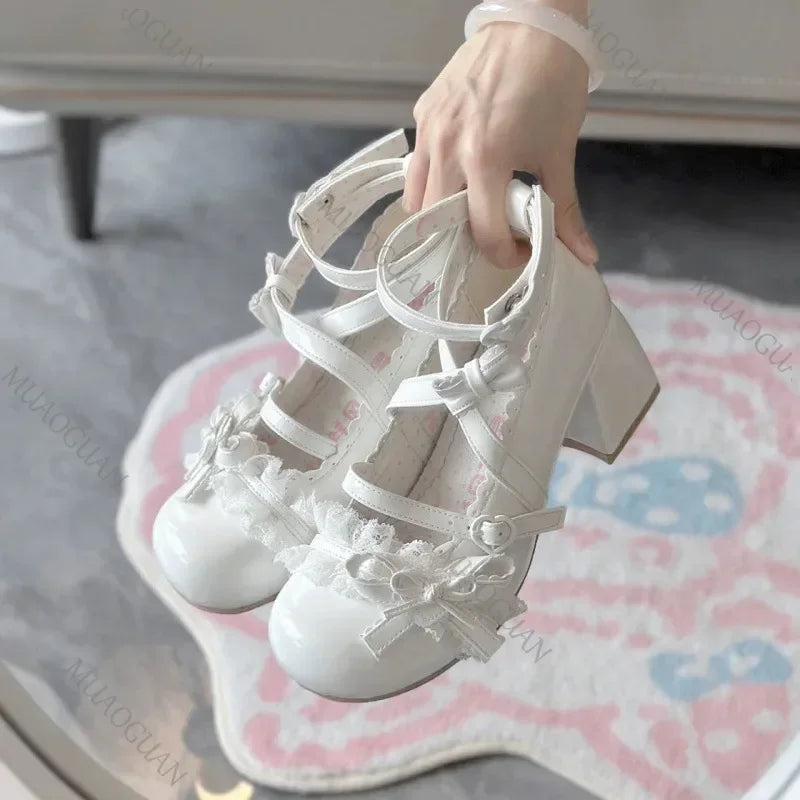Fashionable, Bold and Beautiful DressLolita Red High Heels Cute pumps Shoes spring Autumn Lace Thick high heels Single Shoes Patent Leather Mary Jane Women's Shoes