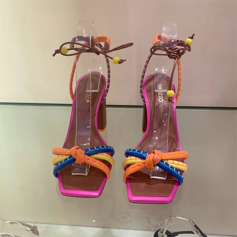 Fashionable, Bold and Beautiful DressBrazil Fashion Luxury Twist Woven Sandals Color Blocking Designer Brand Women's Shoes Thick with High Heel Sandals Female Casual