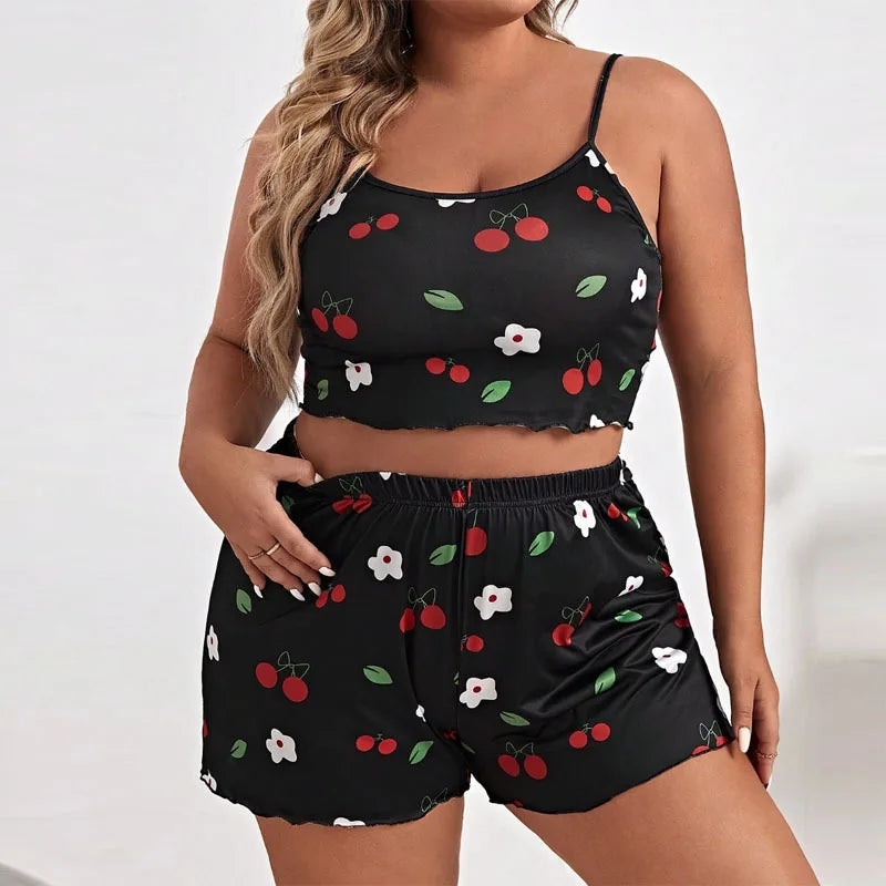 The Flirty and Cute Plus Size Printed Women's 2-piece Sleeveless Pajama Shorts Set In Multiple Colors and Sizes 1XL-5XL - Just The Fly Way