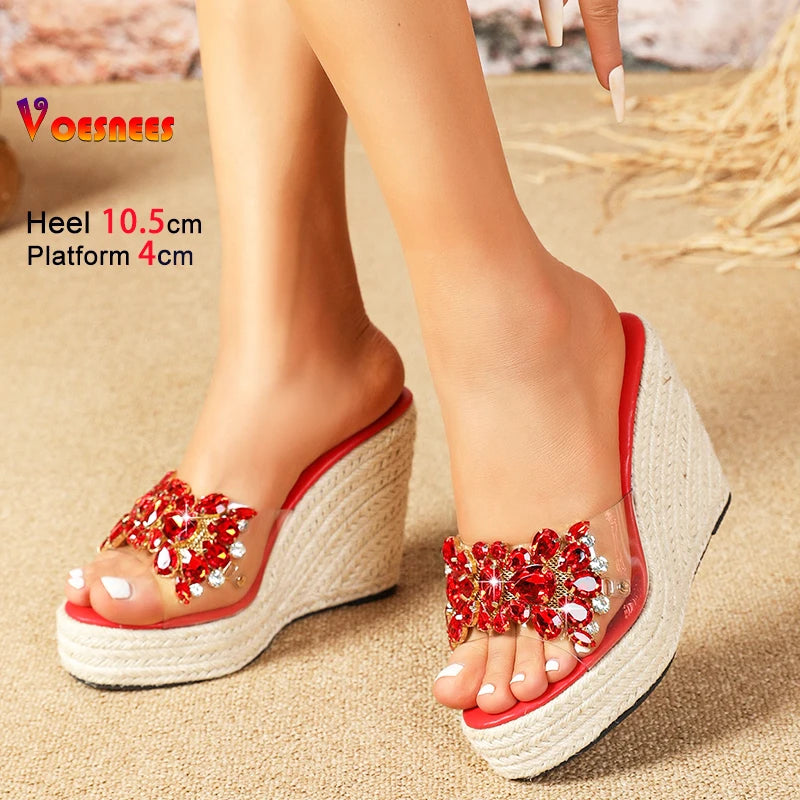 Summer Women Rhinestone Shoes 10.5CM Hemp rope Platform High Heels Wedges - Just The Fly Way