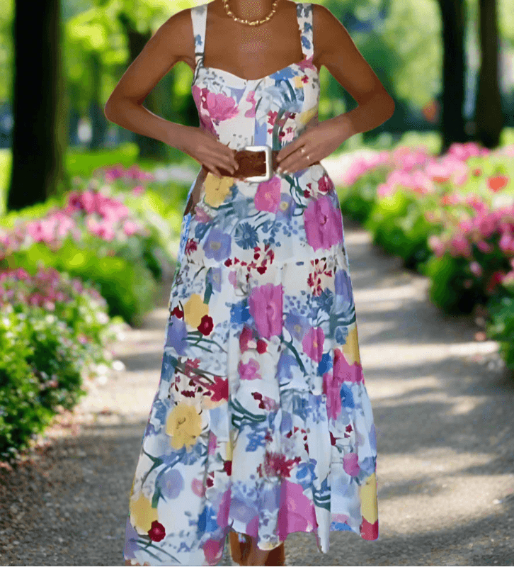 Colorful Printed Dress with a Square Neck Mid Rise and Sleeveless Hidden Zipper - Just The Fly Way