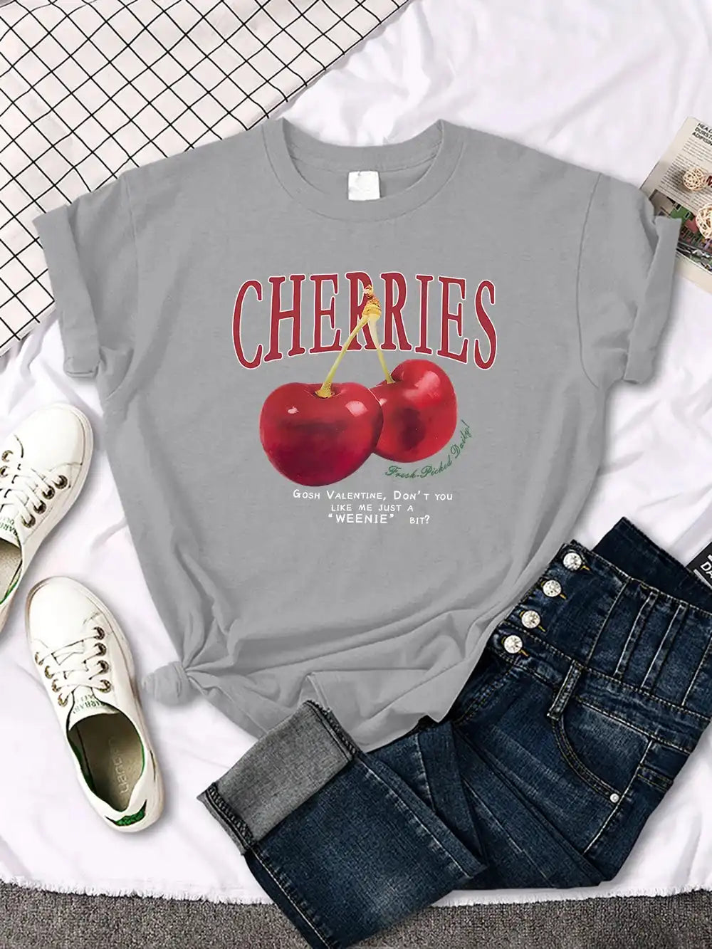 Comfortable Women's Cherry T-Shirt | Trendy Cherry and Letter Pattern Tees - Just The Fly Way