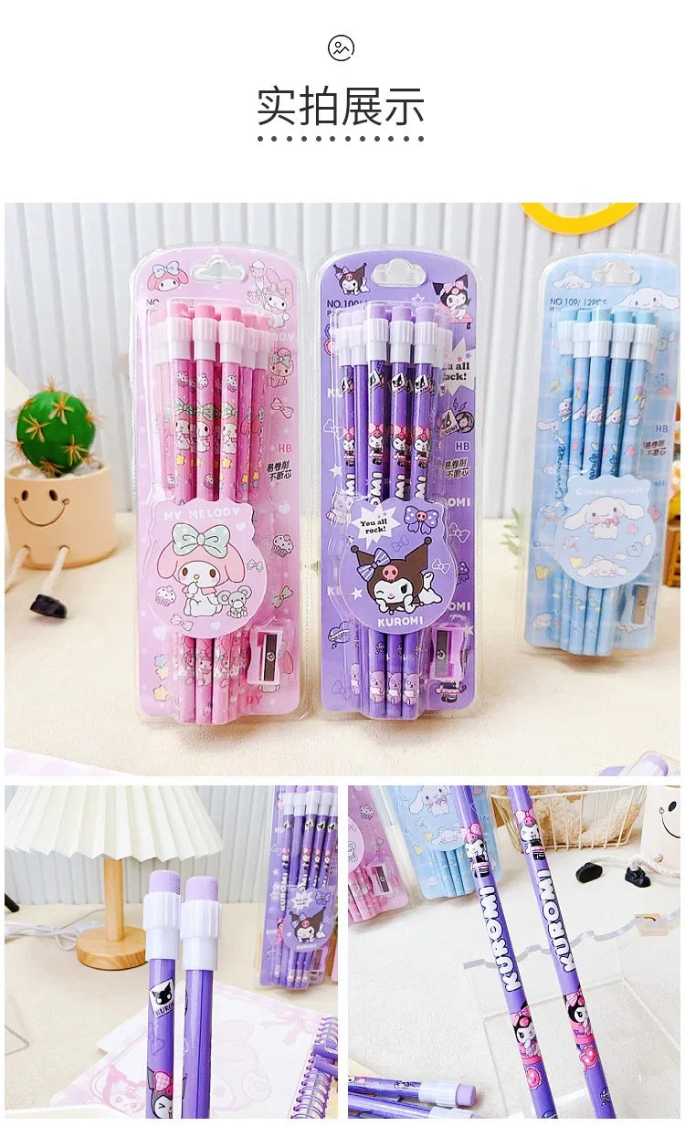 12pcs Sanrio Cute Pencils with Pencil Sharpener Featuring Kuromi, Cinnamoroll, and Melody – Perfect Return to School Anime Set - Just The Fly Way