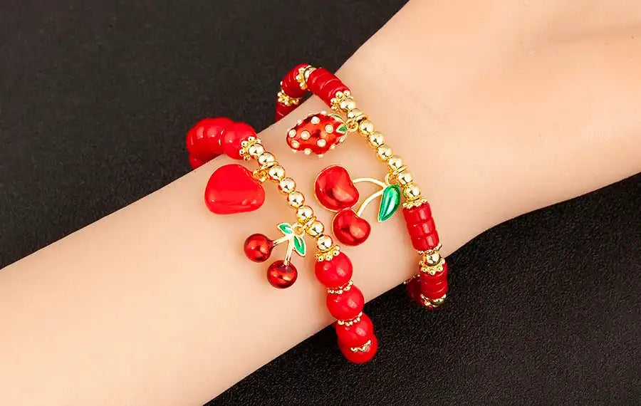 Cherry and Heart Red Beaded Chain Bracelet in 3 Fashion Styles – Trendy Jewelry - Just The Fly Way