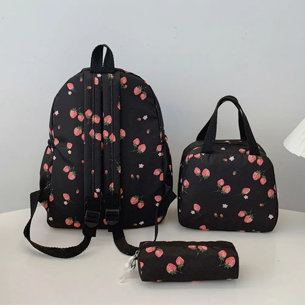 3-Piece Strawberry School Backpack Set with Lunch Box and Pencil Case