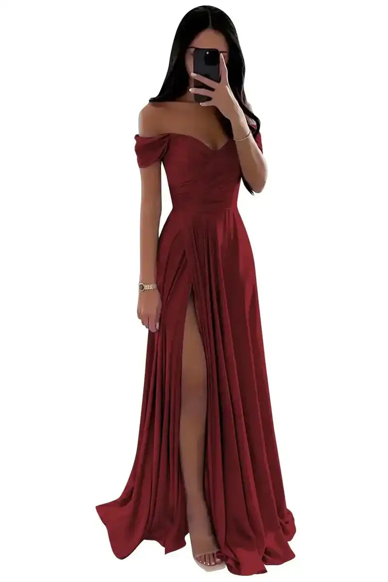 Elegant Women’s Off-the-Shoulder A-Line Evening Gown: Customized Slit Long Pleated Satin Dress
