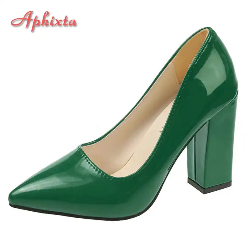 New Women's Patent Leather 10cm Square Heel Shoes by Aphixta - Extended Sizes 31-50