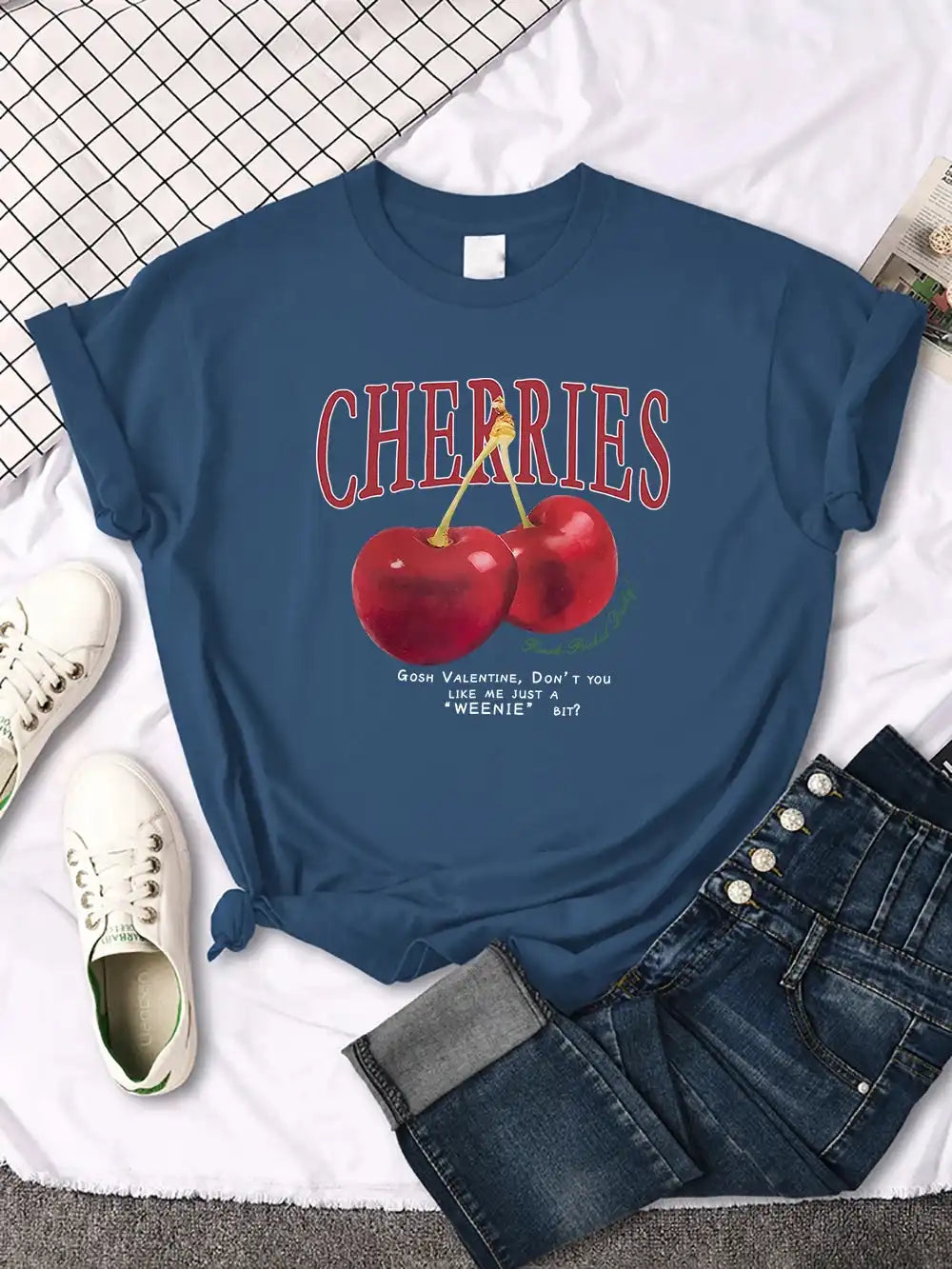 Comfortable Women's Cherry T-Shirt | Trendy Cherry and Letter Pattern Tees - Just The Fly Way