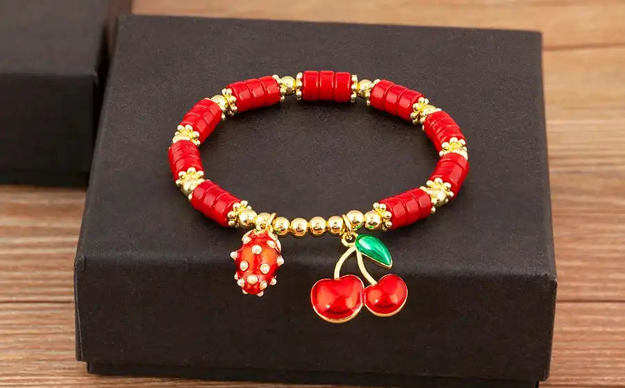 Cherry and Heart Red Beaded Chain Bracelet in 3 Fashion Styles – Trendy Jewelry - Just The Fly Way