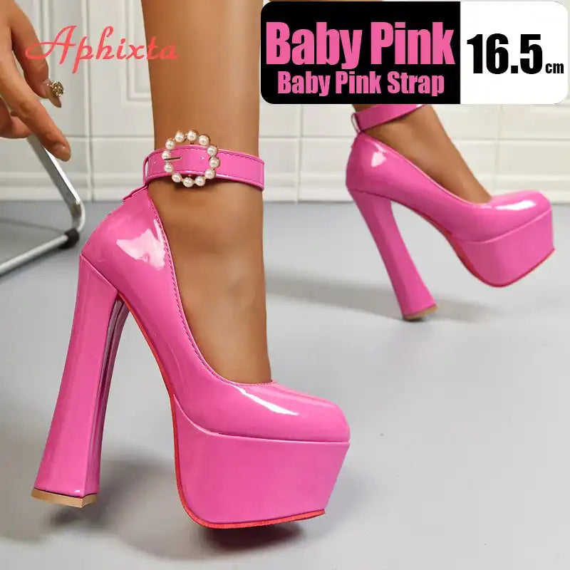 Aphixta Pearl Buckle Round Toe Pumps 5.5cm Platform Chunky Heels Shoes Black/Red Women's Fashion High Heel