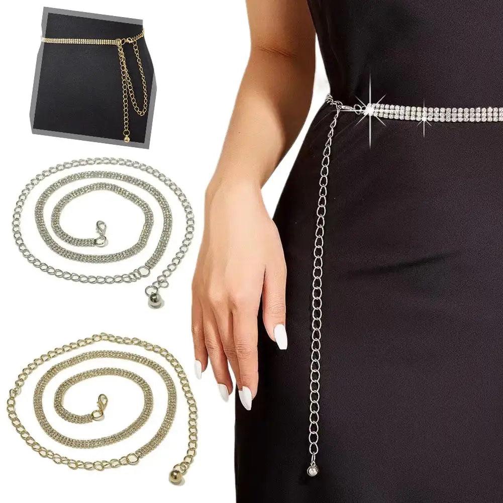 Rhinestone Chain Belt, Waist Chain Fashion Metal Belt, Silver or Gold Chain - Just The Fly Way