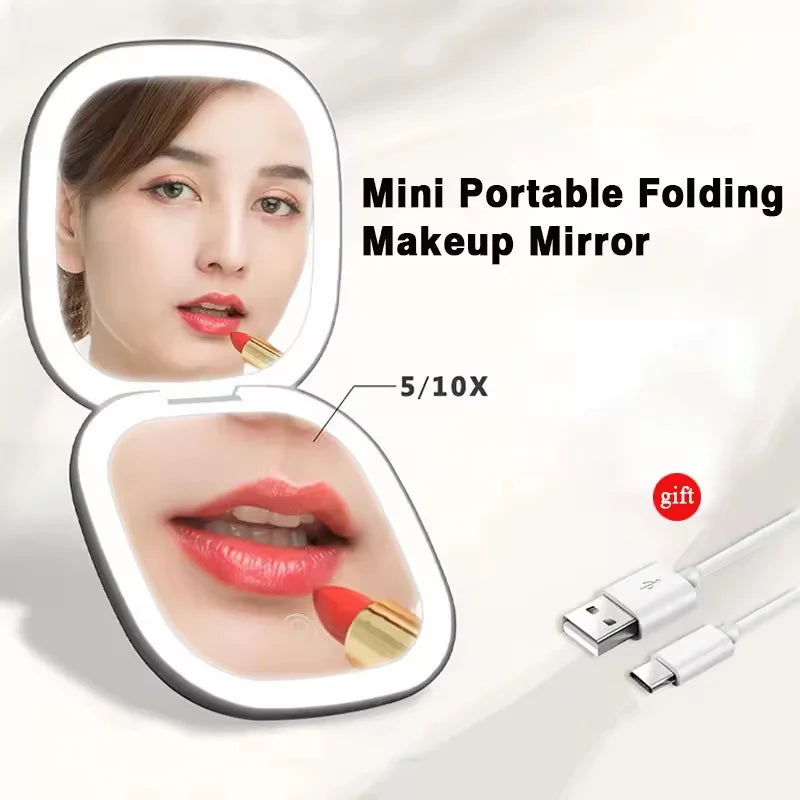 Portable LED Makeup Mirror, Double-Sided Lighted Mirror, Rechargeable 5X Magnification Folding Dressing Mirror for Touch-Ups.