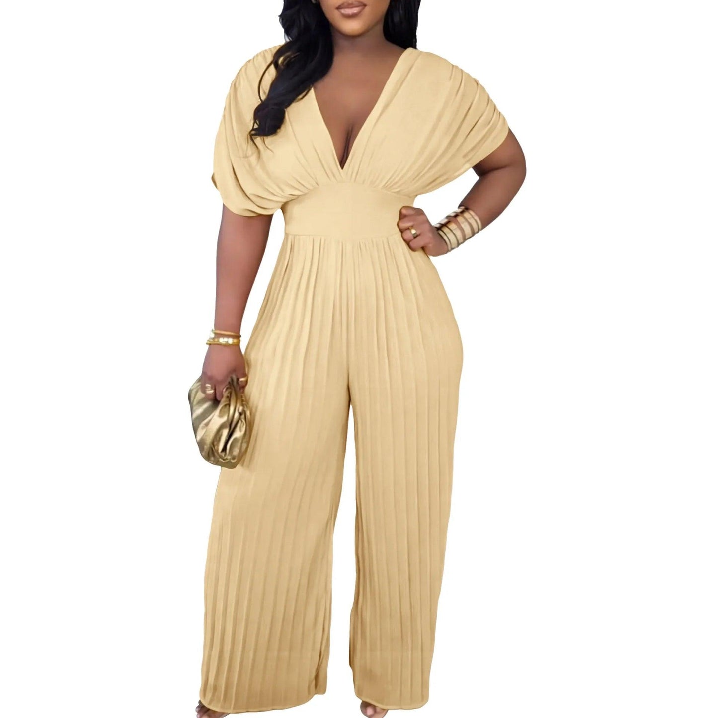 Elegant V-neck Solid Color Fashion Pleated Wide leg Jumpsuit, Pants Romper - Just The Fly Way