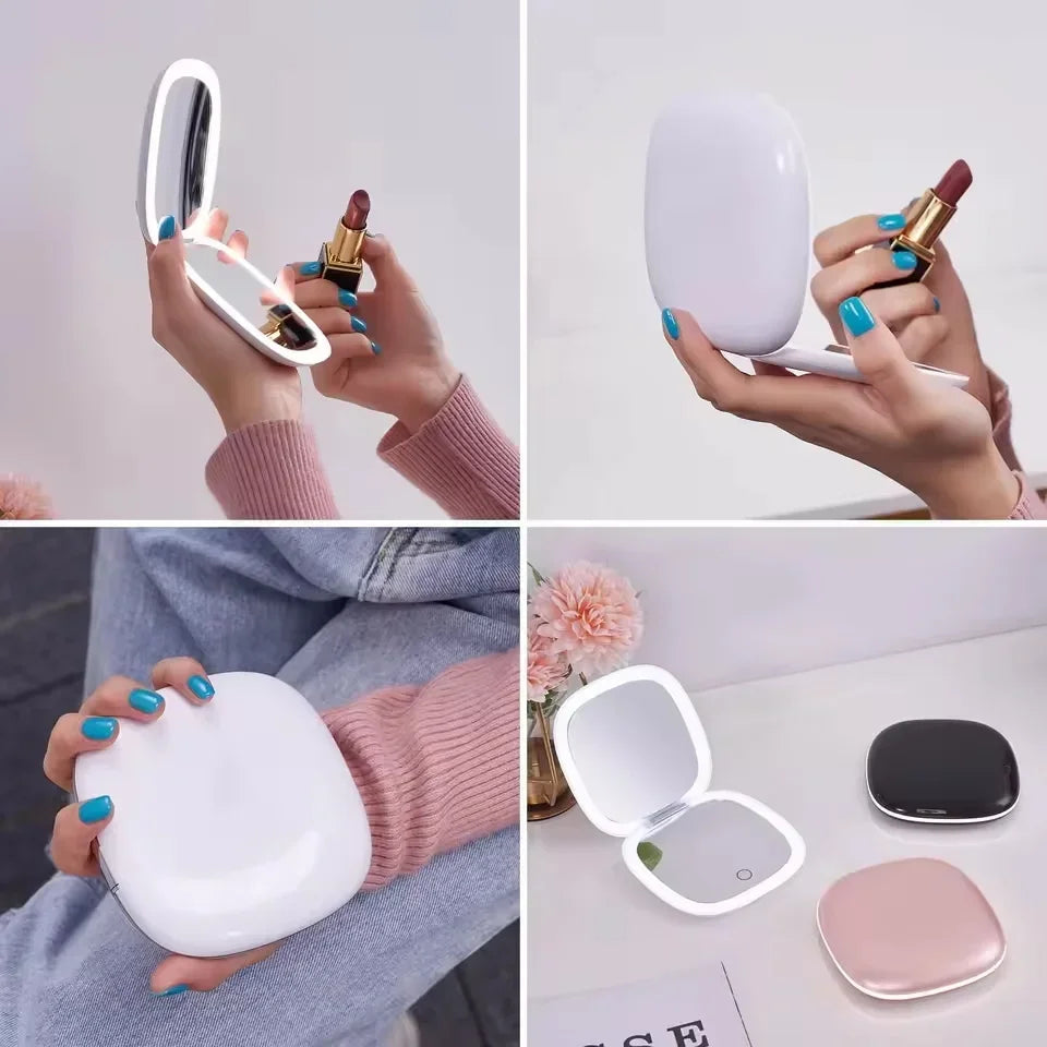 Portable LED Makeup Mirror, Double-Sided Lighted Mirror, Rechargeable 5X Magnification Folding Dressing Mirror for Touch-Ups.