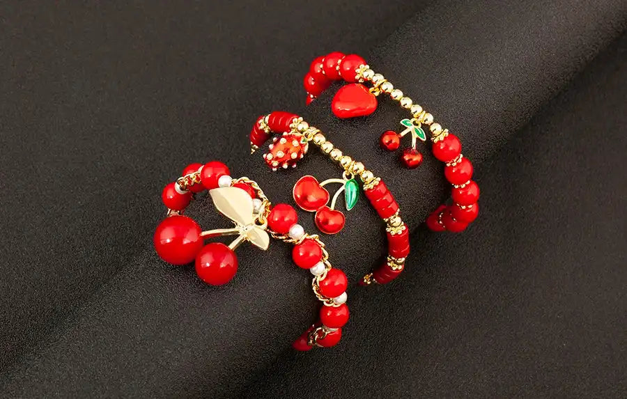 Cherry and Heart Red Beaded Chain Bracelet in 3 Fashion Styles – Trendy Jewelry - Just The Fly Way