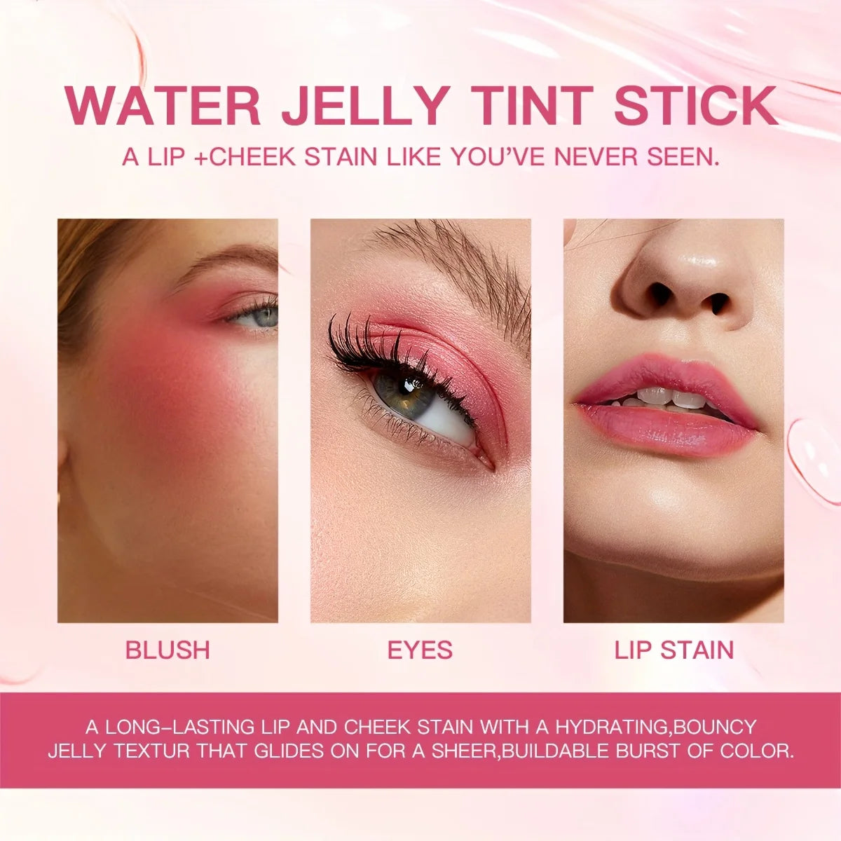 Fashionable, Bold and Beautiful Dress4 Colors Jelly Blush Stick Lip Balm Eyeshadow 3-in-1 Multi-Use Matte Blush Moisturize Brighten Lip Gloss