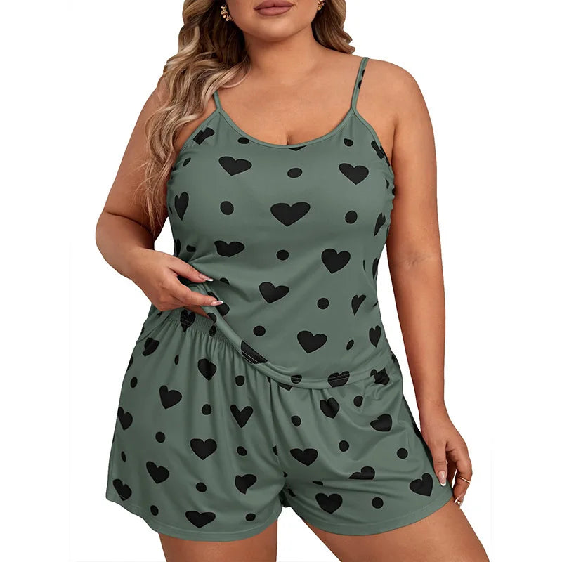 The Flirty and Cute Plus Size Printed Women's 2-piece Sleeveless Pajama Shorts Set In Multiple Colors and Sizes 1XL-5XL - Just The Fly Way
