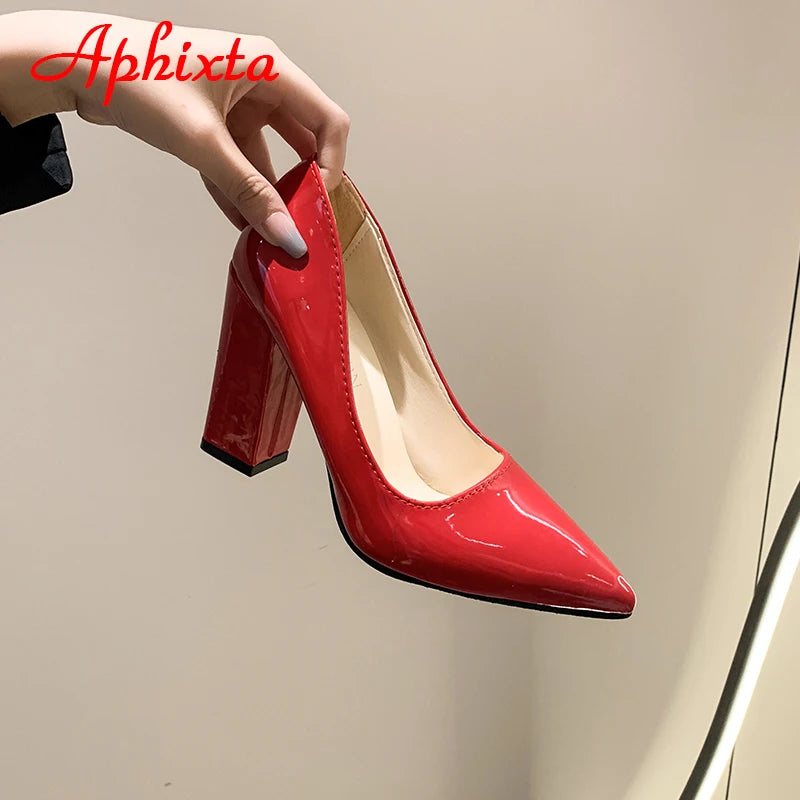 Women's Patent Leather 10cm Square Heel Shoes by Aphixta - Extended Sizes 31-50