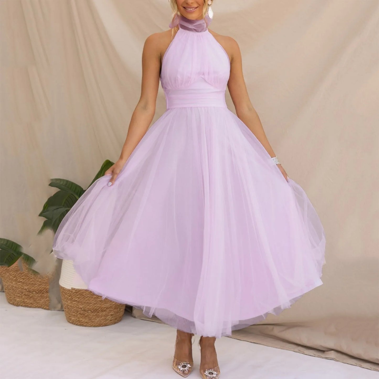 Sexy Halter Holiday Party Dress Women Off Shoulder Mesh Backless Pleated Dress White Vestidos Formal Wedding Gown Long Dress - Just The Fly Way
