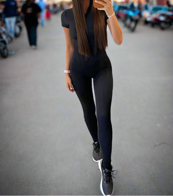 Women Short Sleeve, Zipper Down The Front, Romper - Just The Fly Way