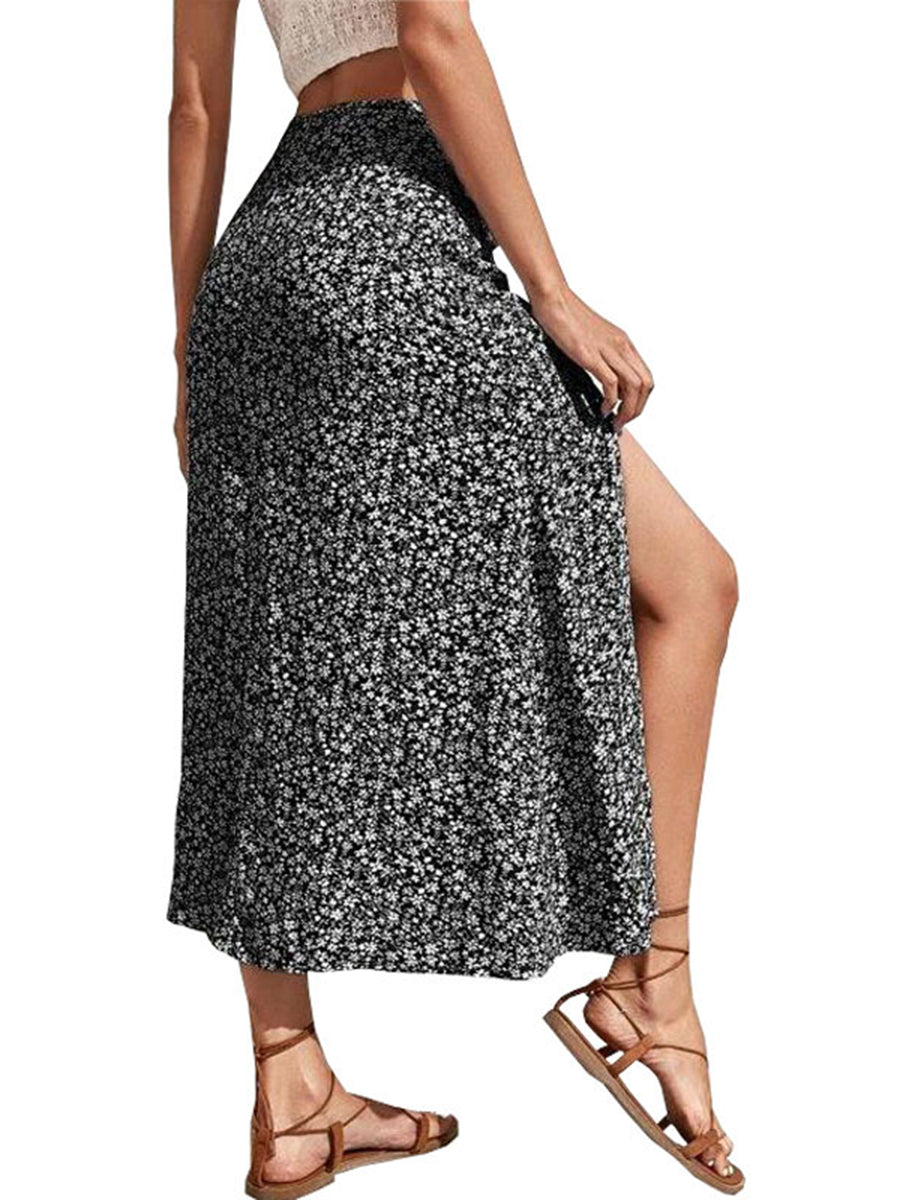 Women s Floral Print Midi Skirts Mid Waist Side Slit Skirts Spring Summer Fashion Casual A-line Skirts - Just The Fly Way